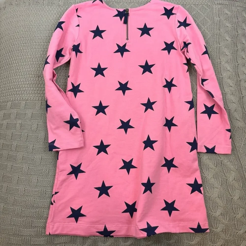Primary Girls Long Sleeved Pink Dress with Navy Star Accents & Pockets 8/9